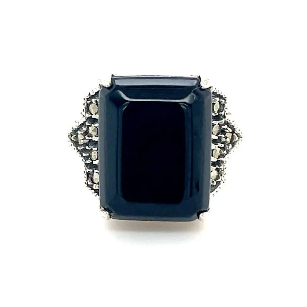 Large Rectangular Onyx/Marcasite Sterling Silver 925 Ring‎